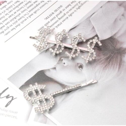 Dollar sign hair clips Womens Luxury Glitter Rhinestone Bobby Pins Funny Letters Dollar Sign Hair Clips Posterior Side Bangs