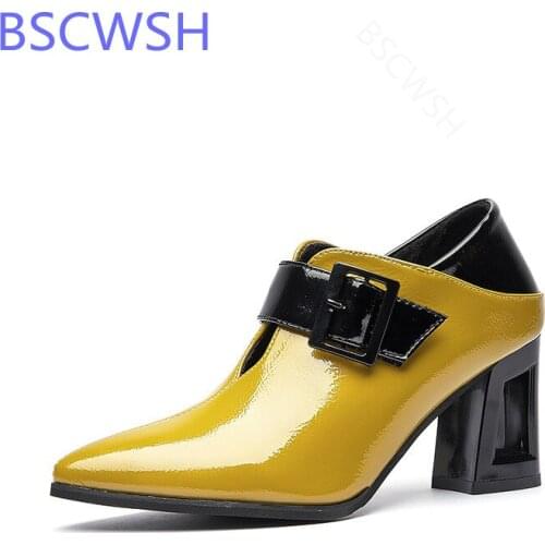 Microfiber Leather High Heels 2021 British Style Women Shoes Buckle Strape Pointed Toe Square Heel Female Footware Black YELLOW