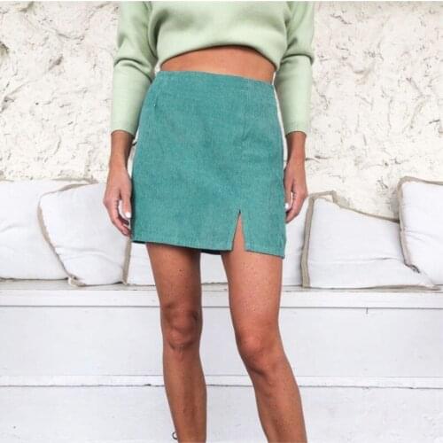2021 Autumn Winter Cross Border European American Womens High Waist Corduroy Solid Color Split A-shaped Skirt Girl Blue
