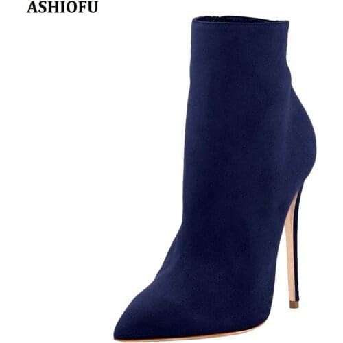 ASHIOFU Handmade Women New High Heel Boots Faux Suede Party Prom Ankle Booties Large Size Evening Fashion Short Boots Shoes