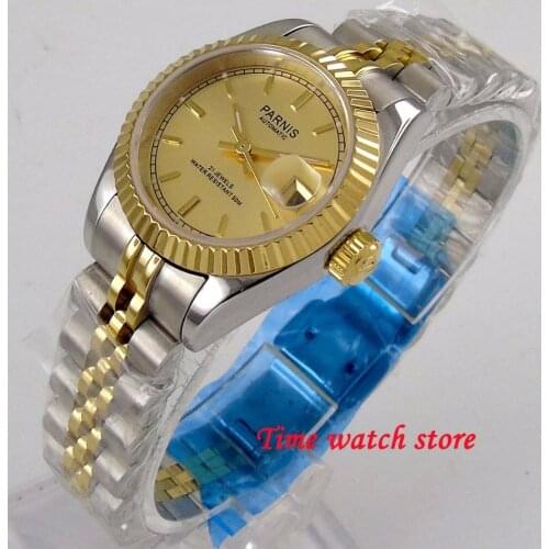 Parnis 26mm Sapphire Womens Watch Gold Plated Date Window Jubilee Bracelet For Lady Fluted Bezel Japan Miyota Movement Luxury