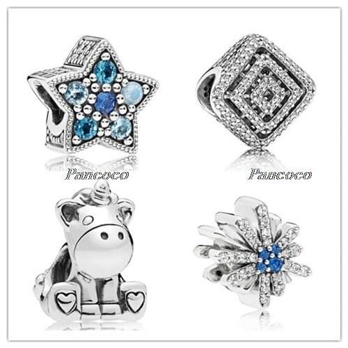 925 Sterling Silver Charm Bright Star With Multi-Colored Crystals Beads Fit Women Pandora Bracelet & Necklace Jewelry