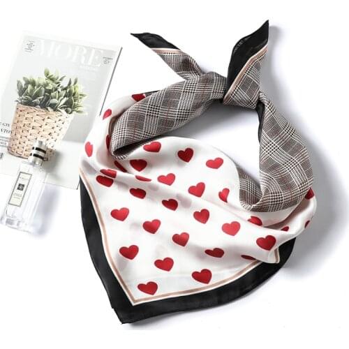 2020 Women Print Silk Scarf Red Heart Lovely Plaid Neck Scarves Lady Foulard Shawls Pashmina Bandana Hair Head Kerchief