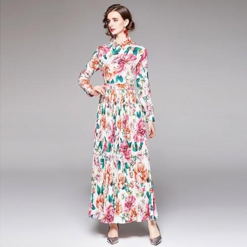 Fashion Runway Long Sleeve Pleated Maxi Dresses Womens Elegant Party Rose Floral Print Long Holiday Dress Robe Longue k8617