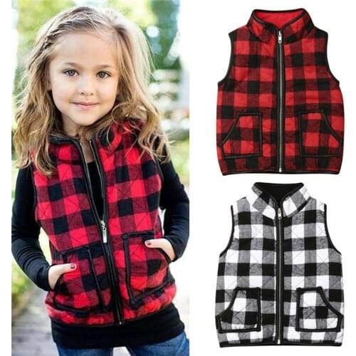 1-6Years Baby Girl Sleeveless Plaid Zipper Jacket Kids Waistcoat Girls Coat Outwear Kid Vest Warm Jacket Autumn Winter Clothes