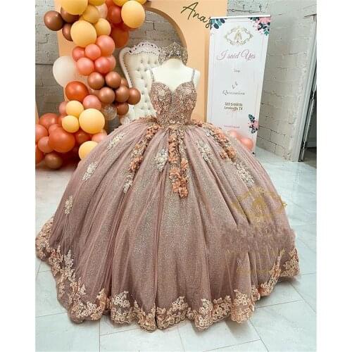 2021 Coffee Beaded Quinceanera Dresses Sexy Spaghetti Neck Appliqued 3D Floral Sweet 16 Princess Ball Gown Pageant Gowns vestido