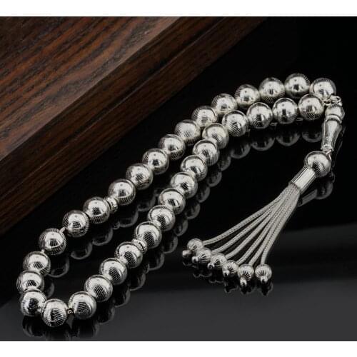 925 Sterling Silver Rosary with Finger Print Pattern Natural Stone Beads Middle East Prayer Islamic Muslim Tasbih