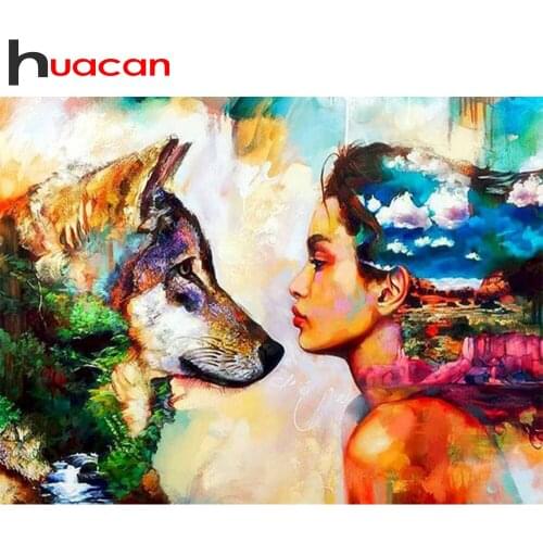 Huacan 5D Diamond Mosaic Embroidery Cross Stitch Portrait Diamond Painting With Square Rhinestones Woman Wolf Home Decor