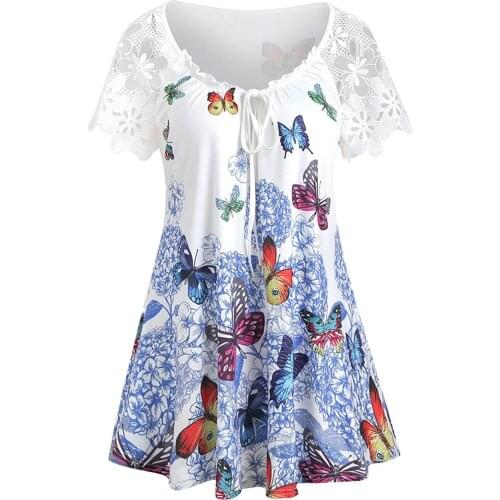 L-5XL Plus Size Tunic Shirts Women Butterfly Print Asymmetrical Tank Top Casual Summer Lace Patchwork Blouses блузка женская