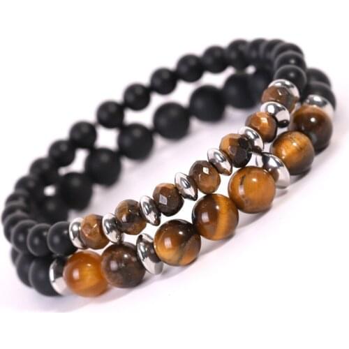 BOEYCJR 2pc/Set Tiger Eyes Stone Beads Bangles & Bracelets Handmade Jewelry Chakra Energy Bracelet for Women or Men