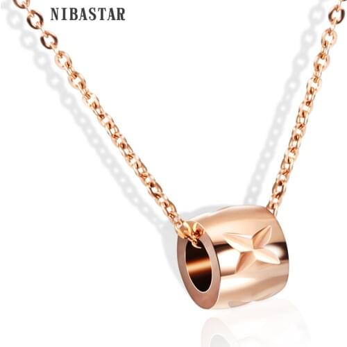 New Fashion 316L Stainless Steel Chain Rose Gold Color Cylinder Pendant "X" Shape Leaf Logo Wedding Jewelry Necklace for Women