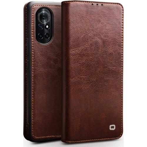 Qialino Fashion Genuine Leather Phone Cover For Huawei Nova 8 Pro Se Pure Handmade Flip Case With Card Slots Bracket Function