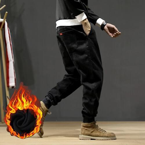 Fashion Streetwear Men Jeans Loose Fit Denim Cargo Pants Hombre Spliced Designer Patchwork Hip Hop Joggers Velvel Warm Trousers