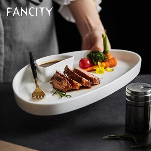 FANCITY Nordic White Western Food Plate Creative Western Restaurant Steak Arrangement Straight Body Pasta Plate Breakfast Tray