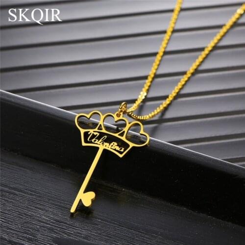 Customized Name Necklace Personalized Stainless Steel Crown Key Pendant Charm Choker Necklaces Nameplate Women Men Jewelry