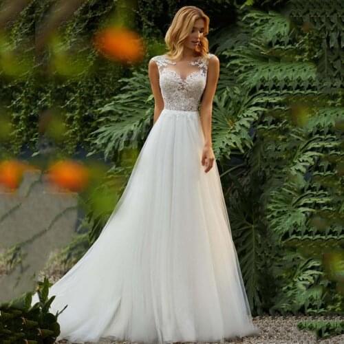 Sheer Lace Appliques A-Line Wedding Dresses See Through Back Bridal Gowns 2021 Modest Sleeveless Beach Vestidos De Mariee