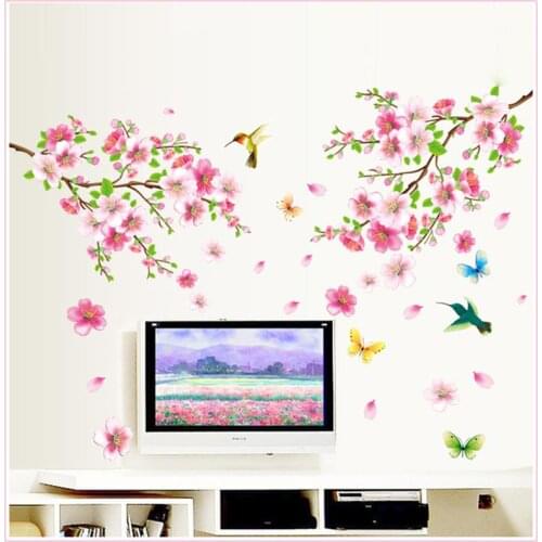 Hot Sell Peach Flowers Wall Sticker Tv Background Room Decoration Diy Home Plant Wall Decal Art Peel And Stick
