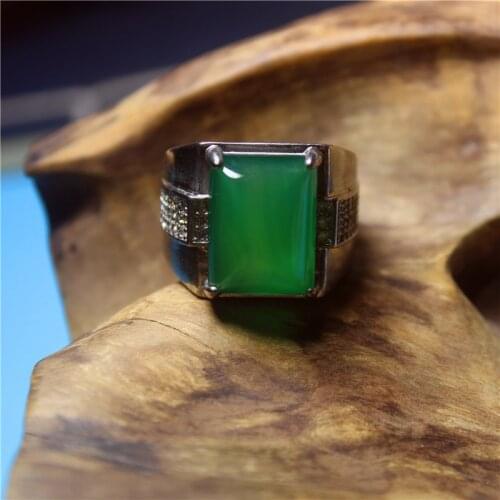 Wholesale New Fashion Jewelry Classic Green Chalcedony Silver plating square ring for man Luxury Jewelry namour Charm Gift