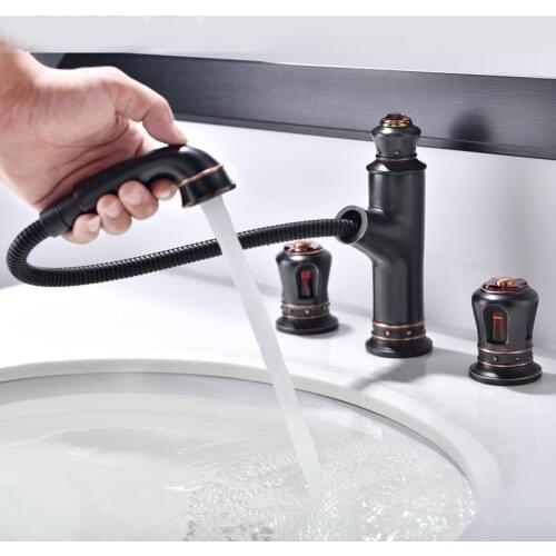 Oil Rubbed Bronze Deck Mounted brass Three Holes Double Handles Widespread Bathroom Sink Faucet with Pull out Swivel Sprayhead