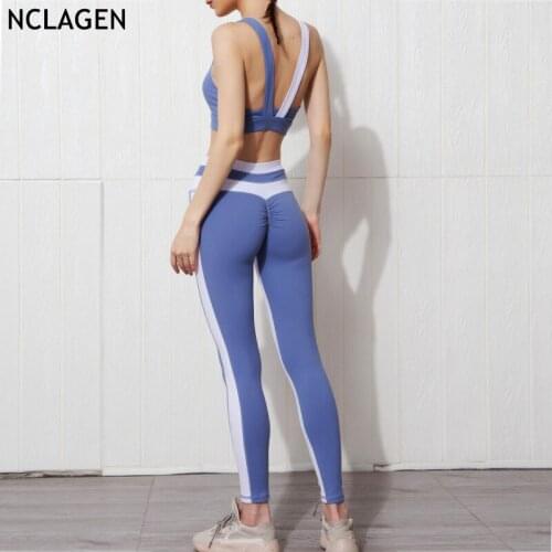 NCLAGEN Women Sportwear Yoga Set Workout Clothes Patchwork Gym Fitness Suit Leggings Top Bra Booty Scrunch Tights Sport Outfit