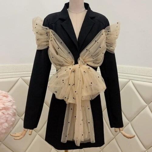 New arrival spring autumn polka dot mesh stitching blazer dress women notched backless slim ol party dress