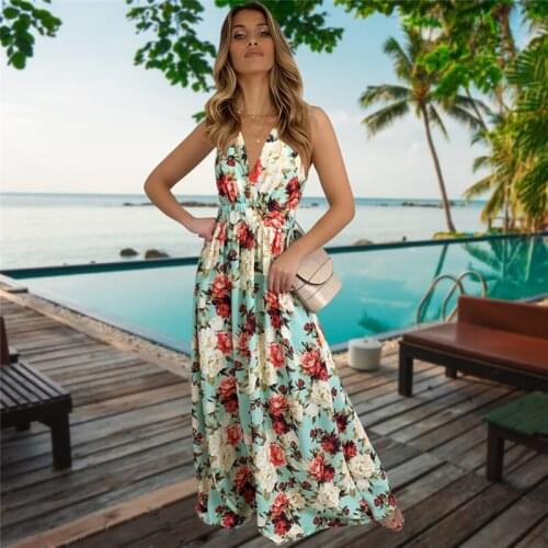 Fashion Summer Women Boho Long Maxi Dress Backless Sleeveless V Neck Flower Casual Dress Evening Party Beach Dresses Sundress
