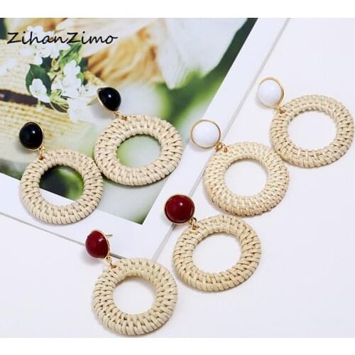 Handmade rattan woven round earrings female personality exaggerated 4 layers wooden ring pendant earrings party jewelry accessor