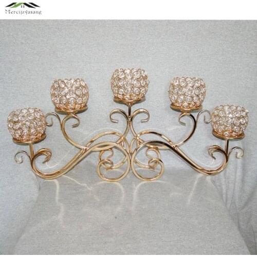 Metal Golden Plated Candle Holders 5-Arms With Crystals 70CMx33CM Stand Pillar Candlestick For Wedding Portavelas Candelabra