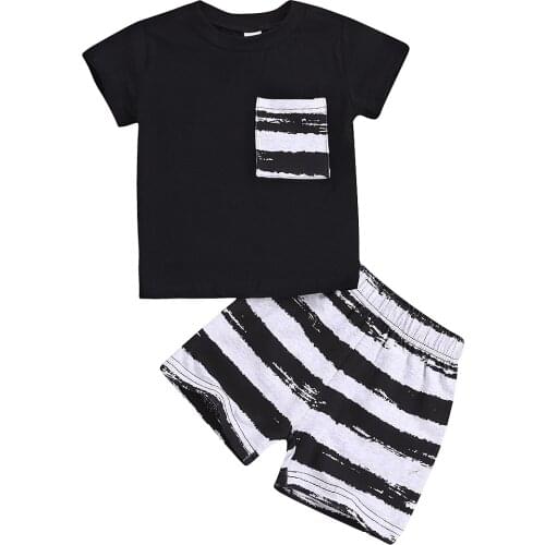 Pudcoco New Toddler Kid Baby Boys' Summer Clothes Pocket T-Shirt Tops+Striped Short Pants Casual Outfit Set Summer Clothing