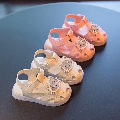 Girls Fashion Pu Leather Anti-collision Soft Bottom Toddler Shoes New Children Cat Pattern Casual Comfortable Light Beach Sandal