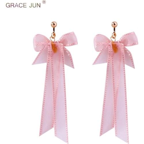 GRACE JUN Pink Color Lace Ribbion Long Bow-knot Clip on Earrings for Women Party Prom Elegant Gold Color Pierced Earrings New