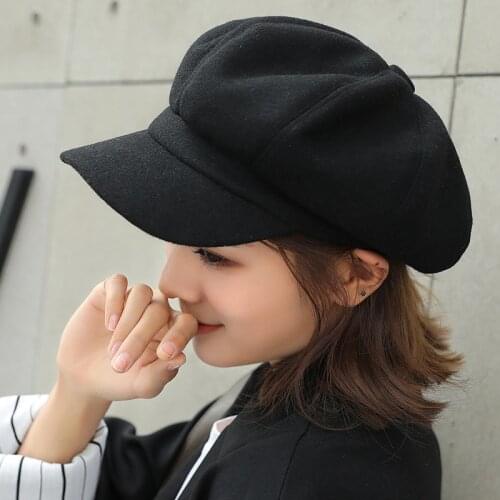 Net Red British Pure Color Woolen Octagonal Hat Womens New Style for Autumn and Winter Casquette Casual All-match Style Fashion