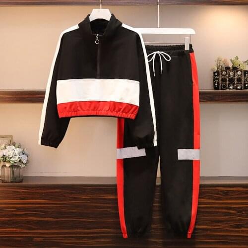 Large size tracksuit womens twopiece suit autumn fashion loose sweat shirt top + patchwork wide-leg pants sports twopiece set