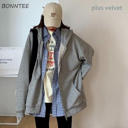 Sweatshirts Women Draw-string All-match Loose Streetwear Hooded Plus Velvet Zip-up Simple Solid Autumn Harajuku Leisure Retro