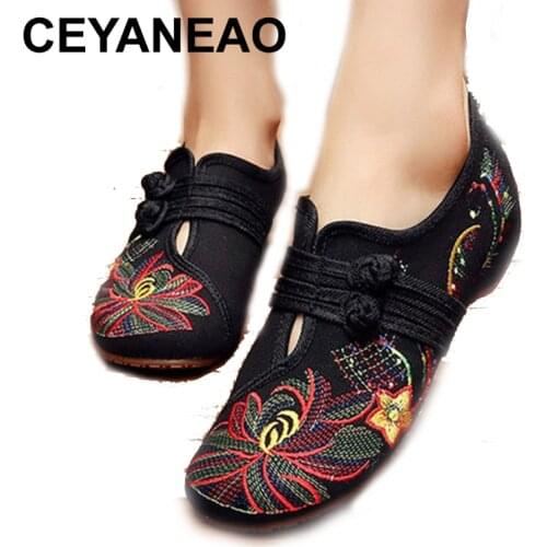 CEYANEAO New Chinese Style2020 Spring Summer Fashion Women Flat Old Peking Lotus Flower Embroidered Shoes Soft Sole Comfortable
