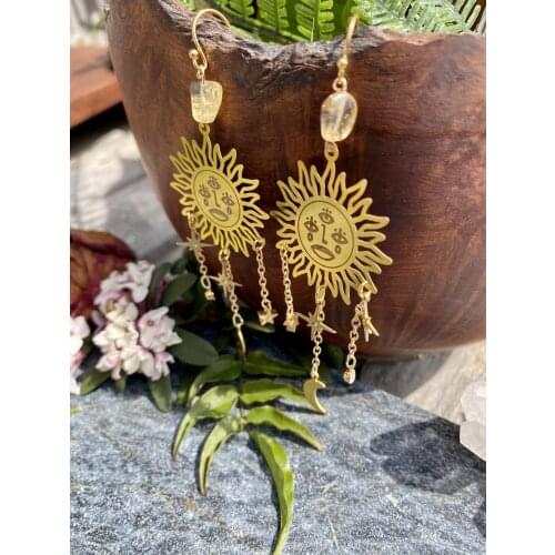 Sun Goddess Citrine dangle Earrings, Gothic Jewellery, Gothic Jewelry,celestial Earrings
