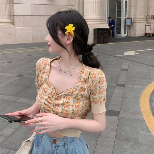 Summer Womens Top2021 New Retro Gentle Small Fresh T-shirt Bubble Sleeve Short Knitwear All-match Spice Girlsl Top
