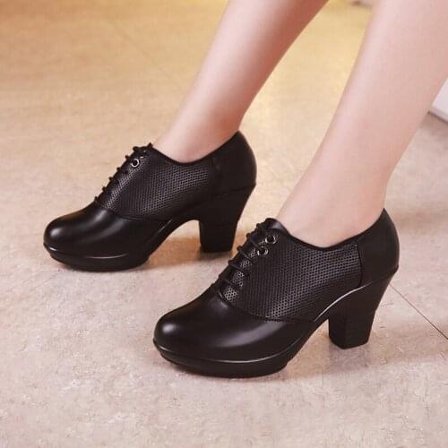 Plus Size 32-43 Block Heel Platform Shoes Women Oxford Shoes 2020 Lace up High Heels Shoes Ladies Office Leather Shoe Silver
