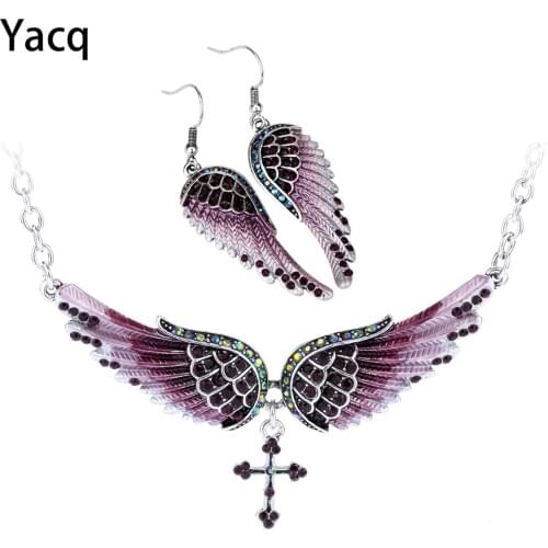 Yacq Angel Wing Cross Necklace Earrings Sets Women Biker Bling Jewelry Birthday Gifts for Her Wife Mom Girlfriend Dropshipping