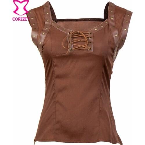 Corzzet Punk Steampunk Victorian Sexy Brown Slik&Leather Rivet Tank Top Women Strappy Sleeveless Vest T-shirt Gothic Clothes