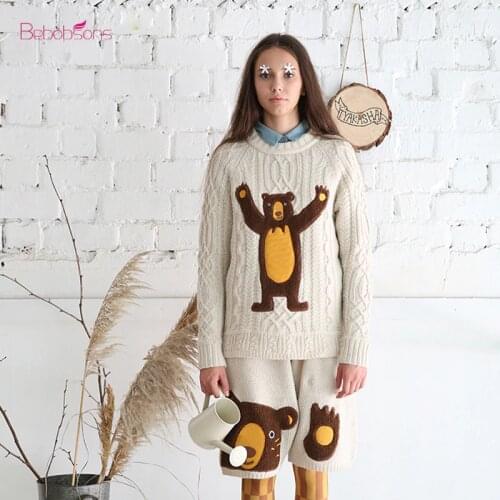 Winter Fall 2017 New Vintage Original Women Pullover Sweater Thick Wool Twist Ladies Knitted Top Sweaters Bear Patchwork Loose