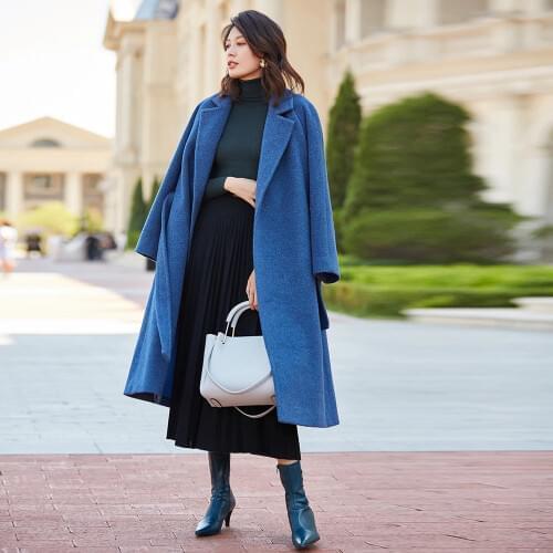 Autumn and winter coat women wool coat 2019 new Fashion elegant blue Beige belt Lapel long coat alpaca coat female ladies coats