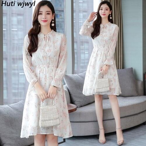 Autumn Winter Print Long Sleeve Beach Dress Elegant Women Bodycon Party Vestidos 2021 Vintage White Floral Chiffon Midi Dresses