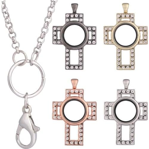 10pcs/lot Alloy Cross round Crystal Memory Glass Living Floating Locket for Floating charms Pendant Necklace With Free Chains