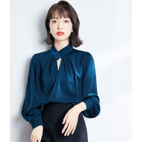 2021 Solid Blue Chiffon Shirts Plus Size Hollow Out Spring Thin Blouses OL Lantern Sleeve Blusa Elegant Summer Casual Wear 1133