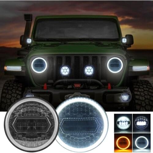 7 Inch Car Headlight LED Halo Headlights With Turn Signal Amber White DRL For Jeep Wrangler JK Headlamp-Black 30000LM IP67