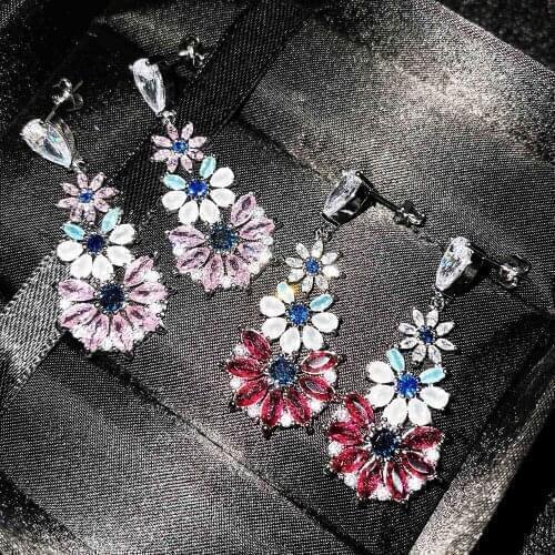 925 Silver Jewelry Luxury Colorful AAA Cubic Zircon Charm Flower Drop Earrings For Women Wedding Party Unique Accessories