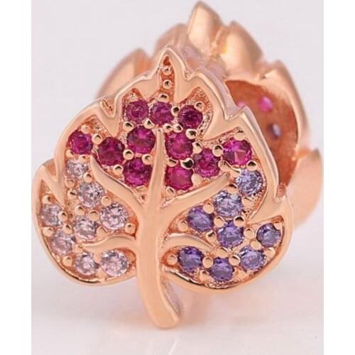 Authentic S925 Silver Bead Rose Gold Colour Leaf Charm fit Lady Bracelet Bangle DIY Jewelry