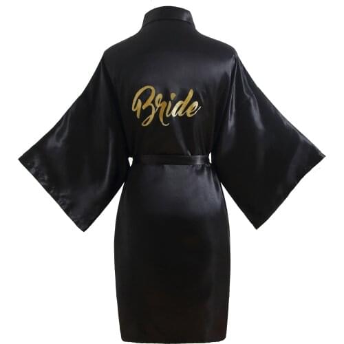 Womens Satin Bridal Party Black Robe for Bride and Bridesmaid with Gold Glitter