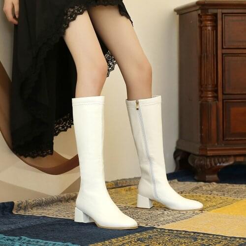 Elegant Winter Women Knee High Boots Motorcycle Square Toe Footwear Low Heels Female Riding Boot femmes bottes 2020 New 41 42 44